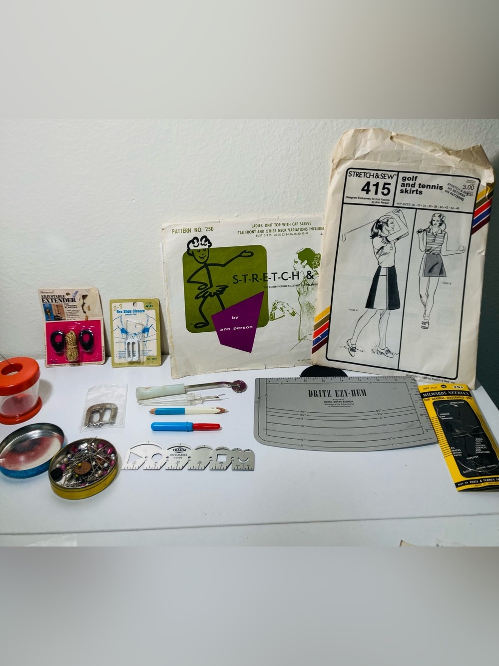 Vintage Sewing Pattern & Notions Magnetic  Holder, Hem Ruler, Milwards Needles